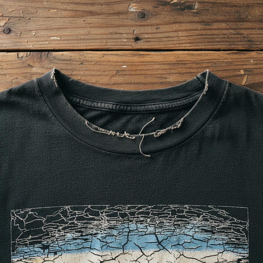 Authentic vintage band tee detail faded cracked screen print single stitch collar