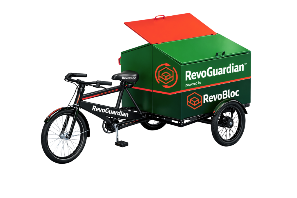 RevoGuardian™ Last-Mile Collection Tricycle — cargo tricycle with green collection bin and RevoBloc branding