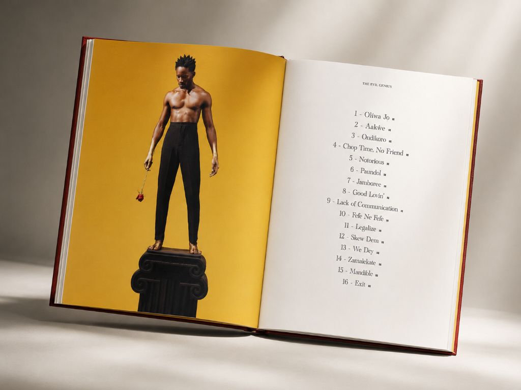 The Evil Genius open book spread with tracklist
