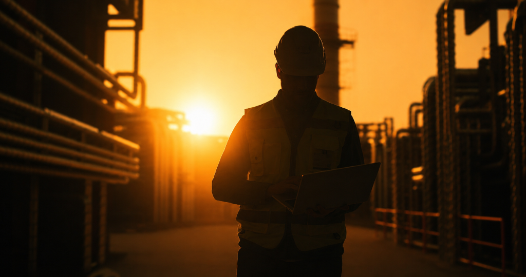 Worker in safety vest reviewing laptop at industrial pipeline facility at sunset