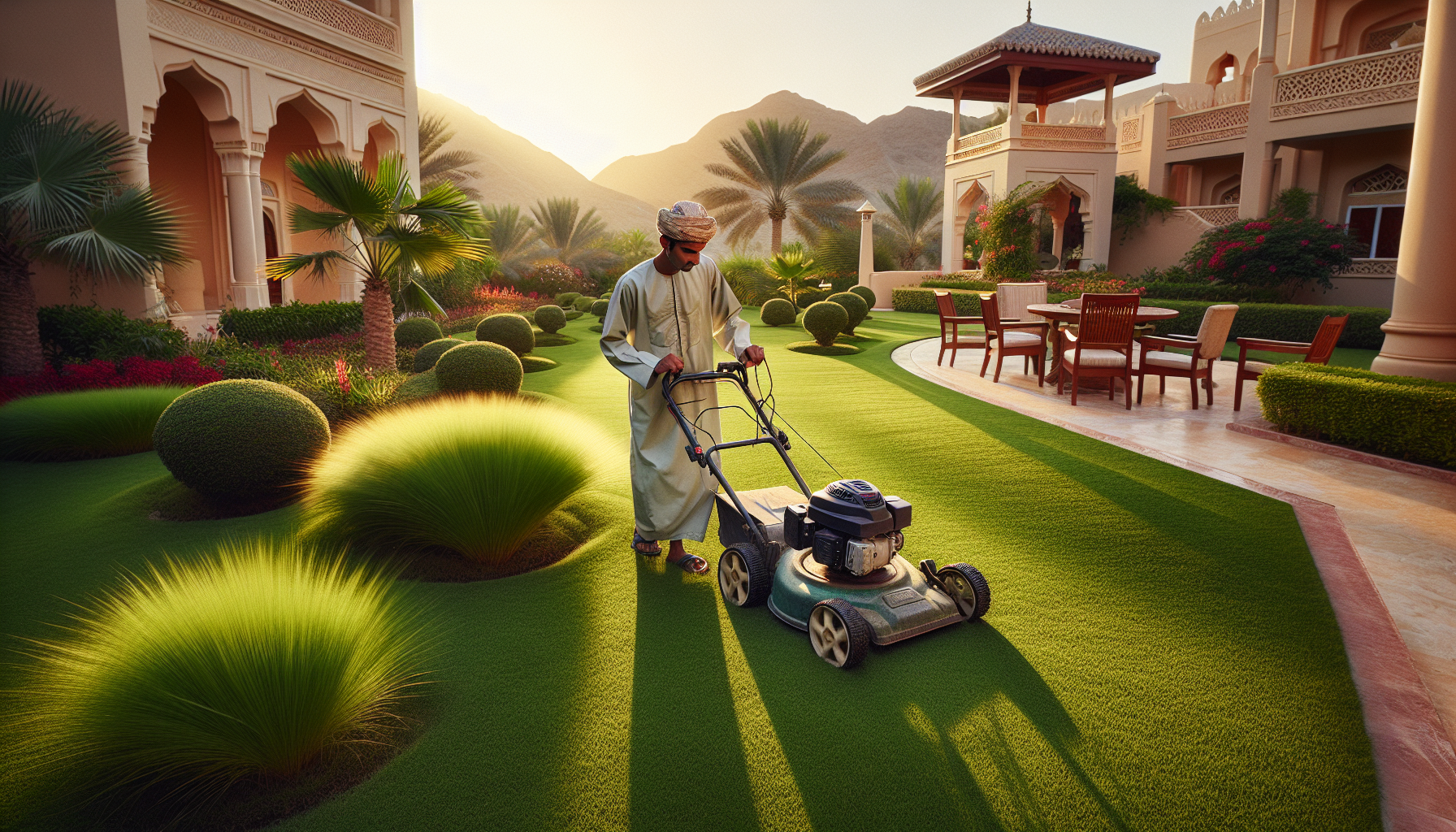 Professional lawn mowing in a Muscat villa garden
