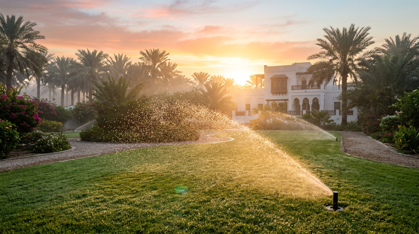 Early morning irrigation on a green lawn in Muscat