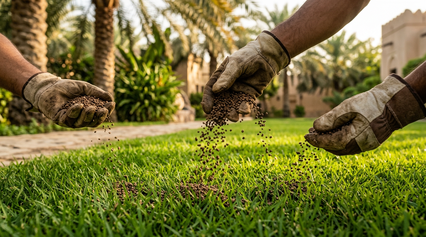 Applying slow-release fertilizer on lawn in Muscat