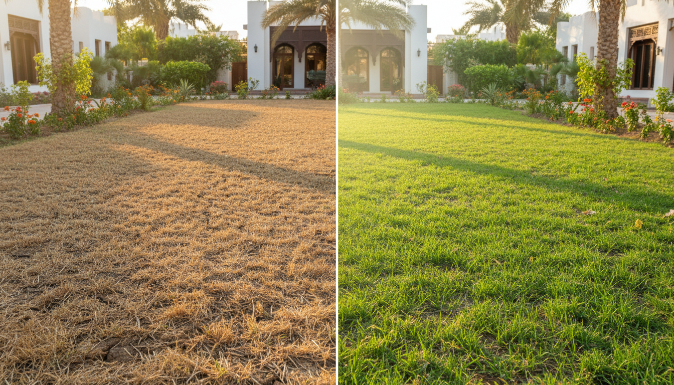Lawn recovering from dormancy in Muscat