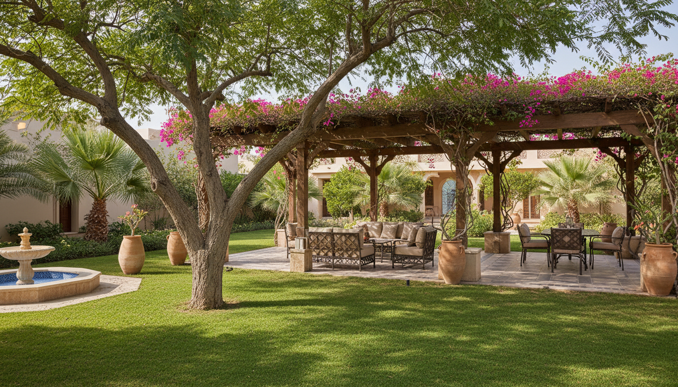 Shaded garden area with Ghaf tree in Muscat