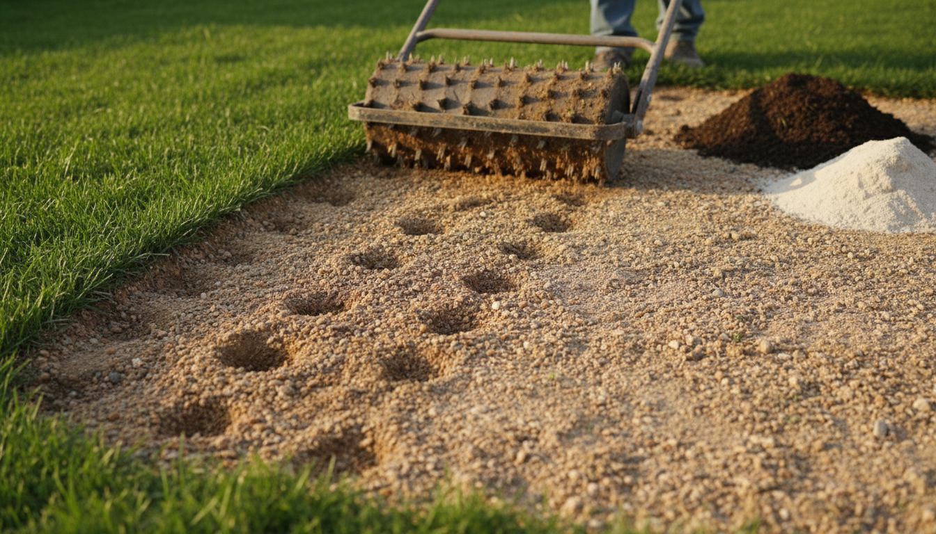 Soil aeration process on an Omani garden lawn