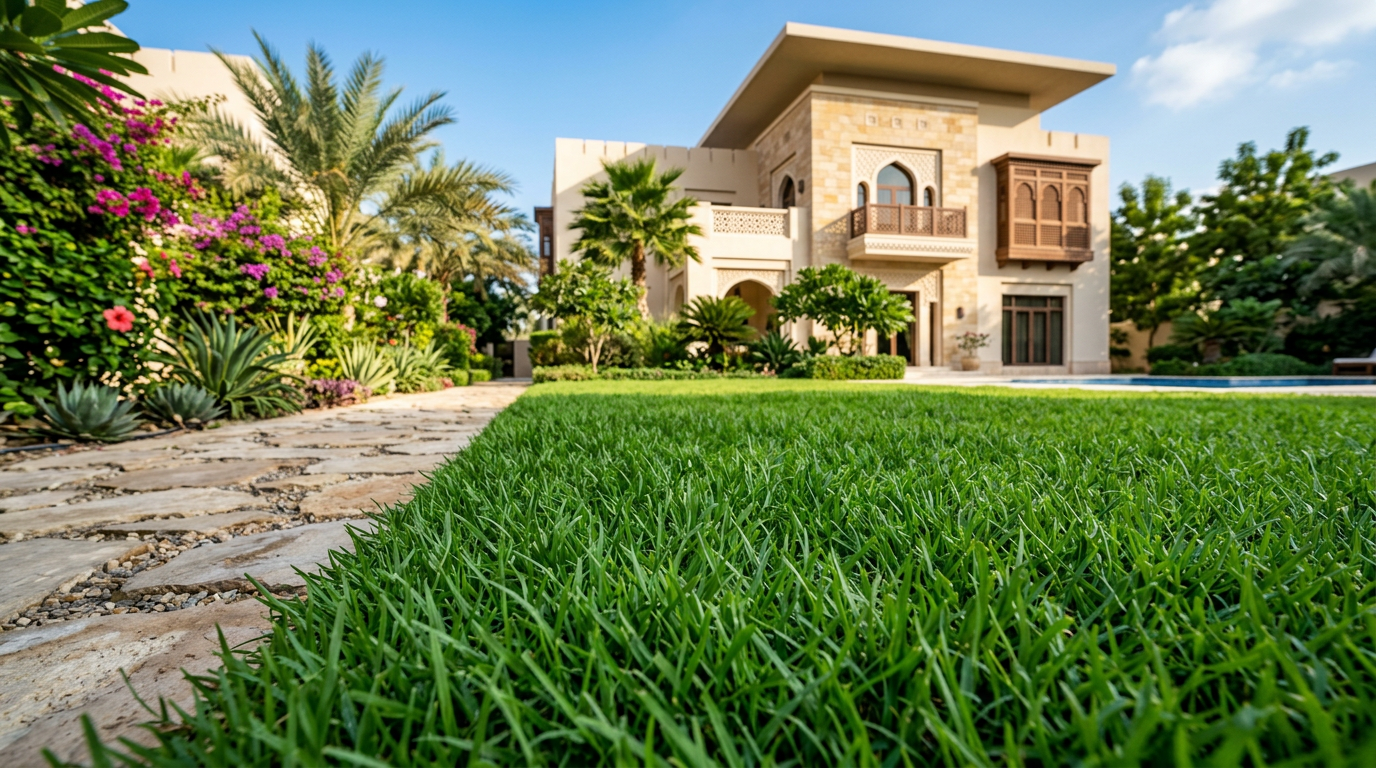 Healthy bermuda grass in a Muscat villa garden