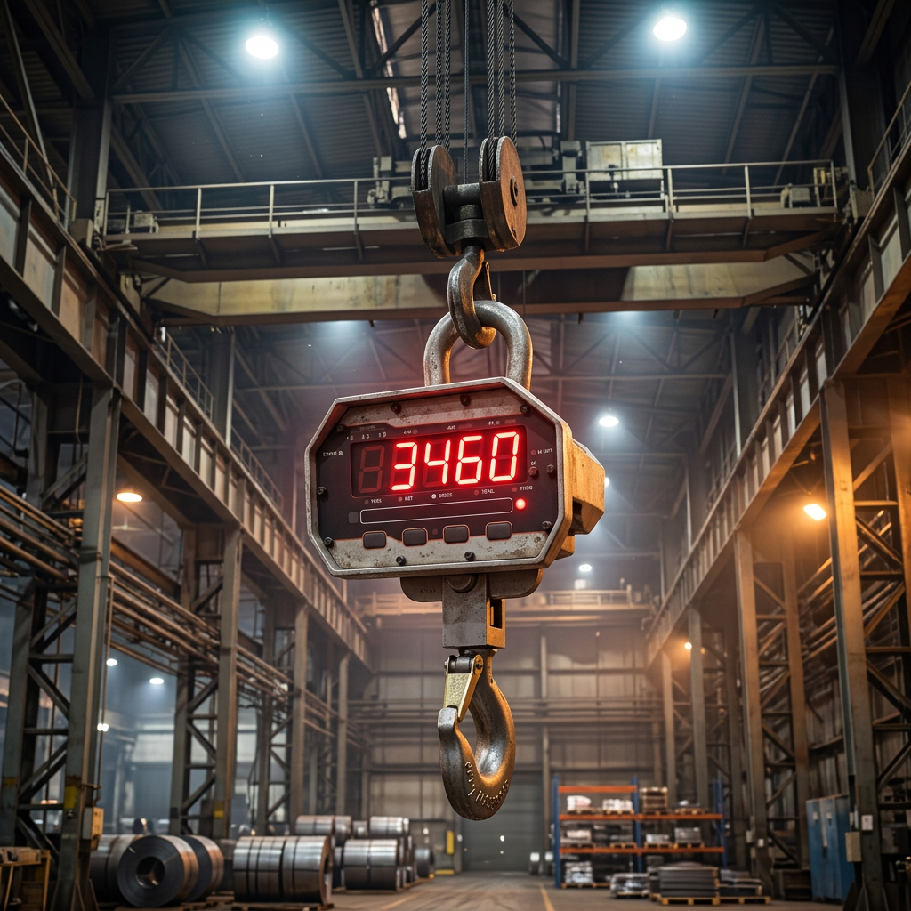 Industrial crane scale hanging from overhead crane