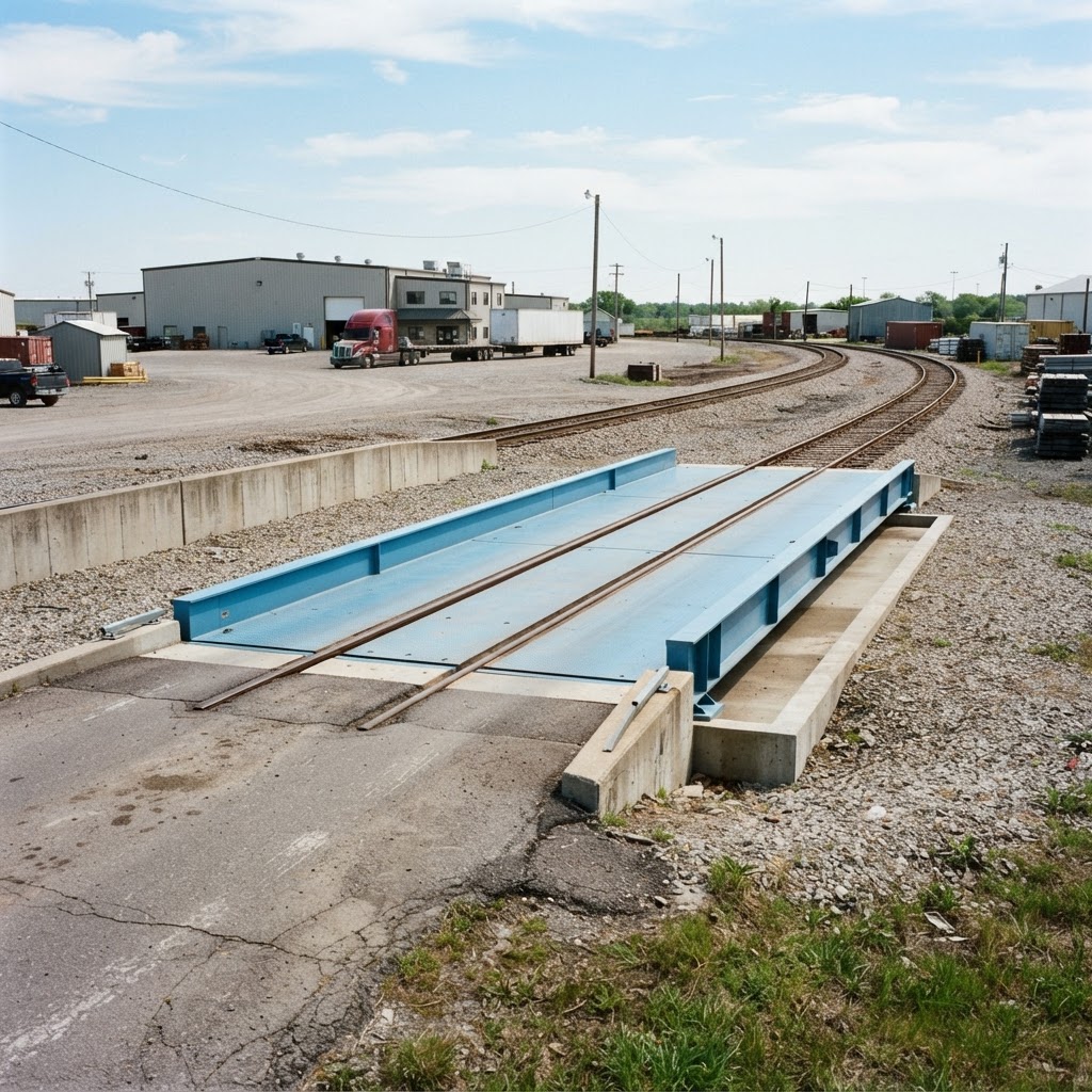 Combined blue weighbridge with embedded rails and road approaches for rail and truck weighing in an industrial yard