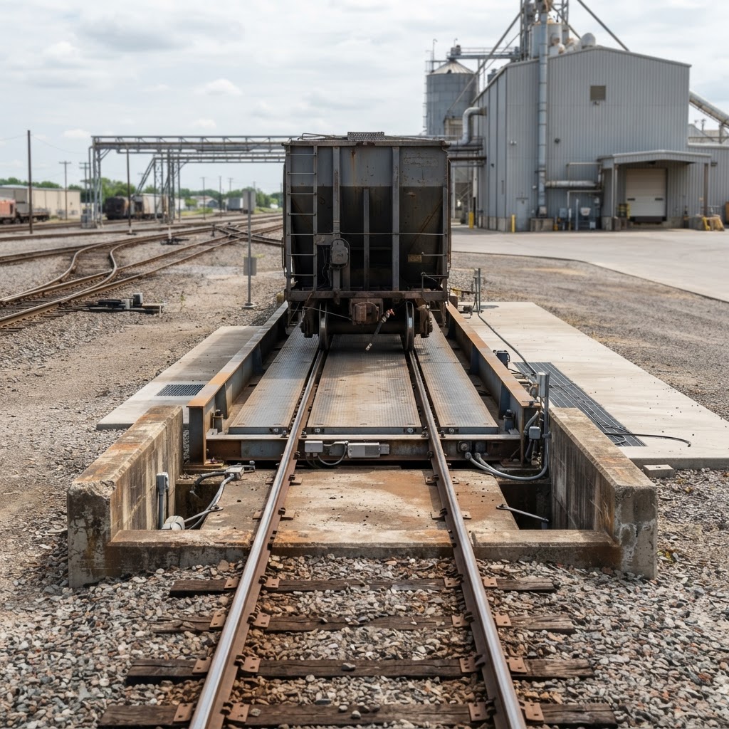 Freight hopper railcar positioned on a rail weighing platform at an industrial siding with gravel yard
