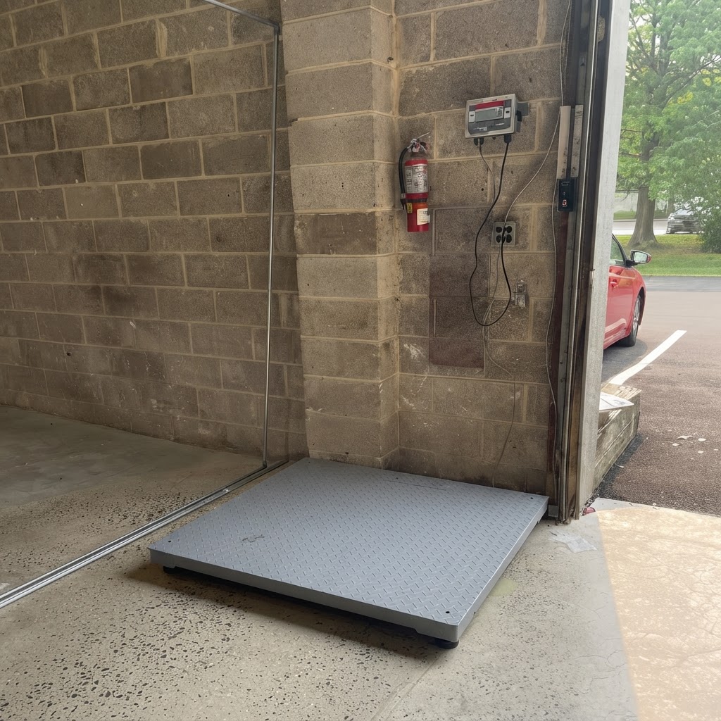Gray floor scale installed beside a loading doorway