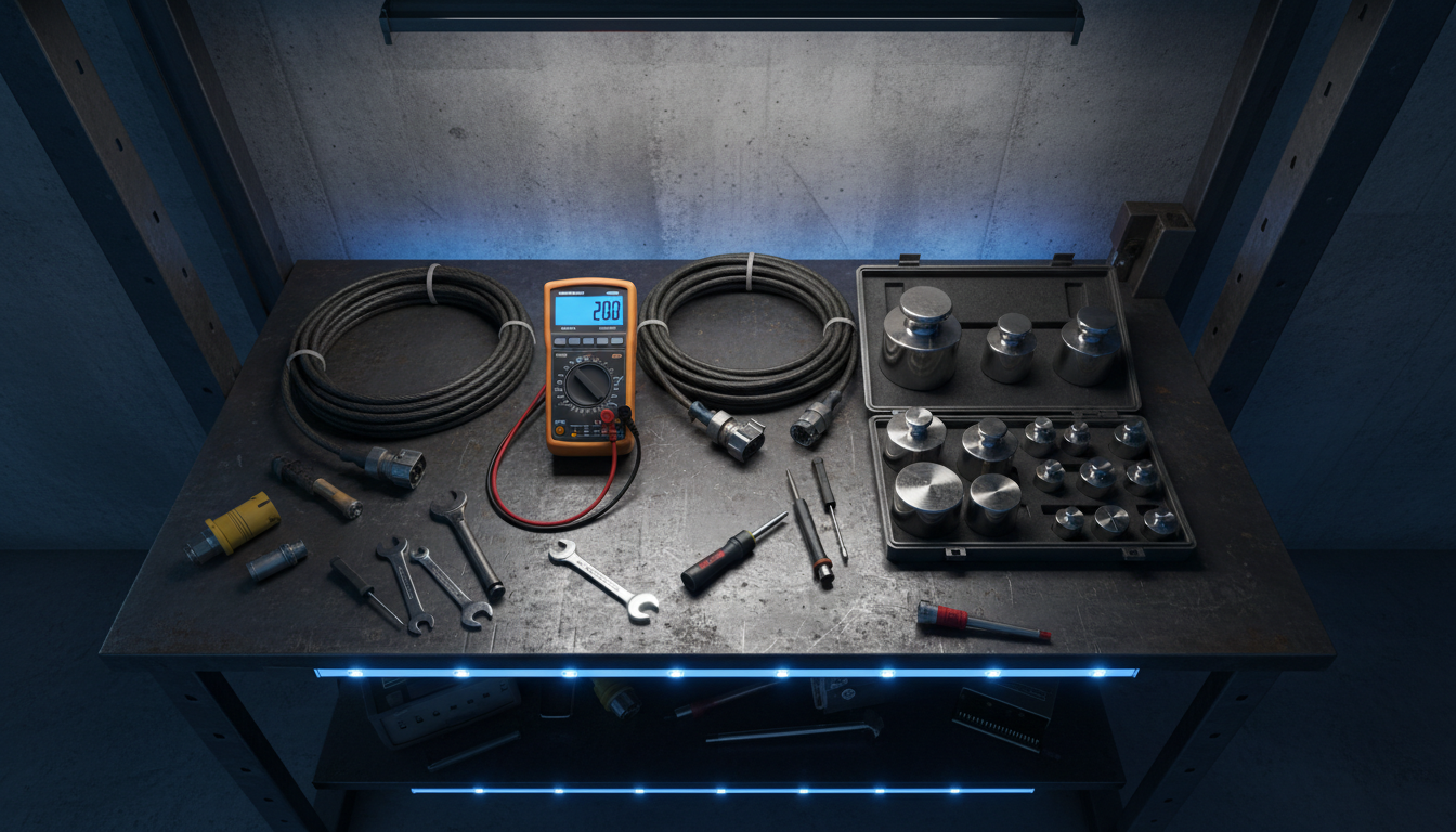 Industrial weighing service tools and calibration equipment on workbench