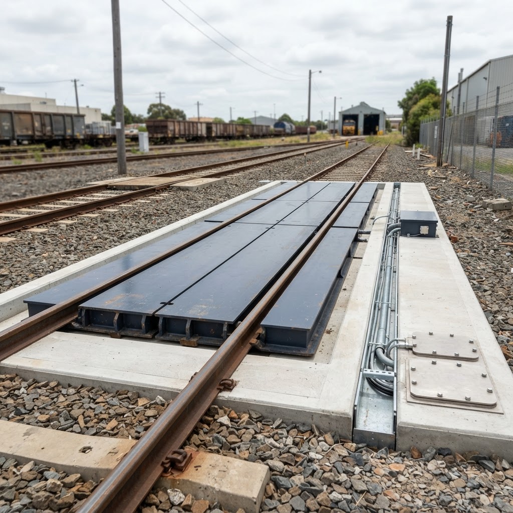 Low-profile modular rail weighing platform inset flush in concrete with continuous rails and access panels