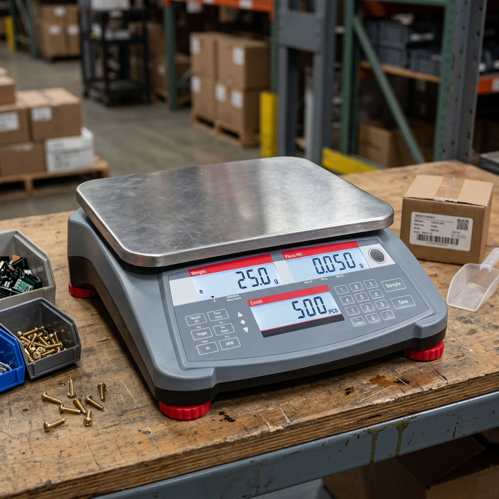 Heavy-duty counting scale on industrial workstation