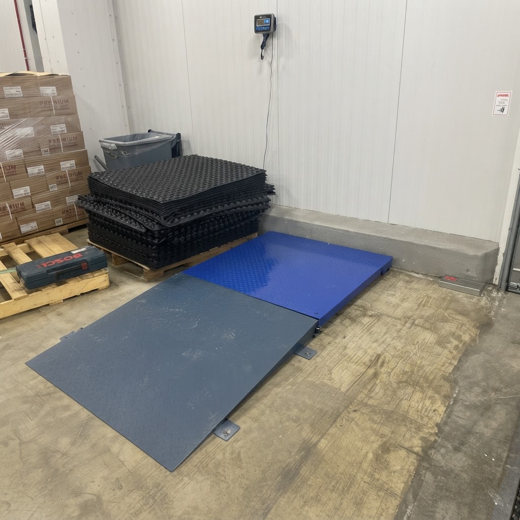 Blue warehouse floor scale with approach ramp