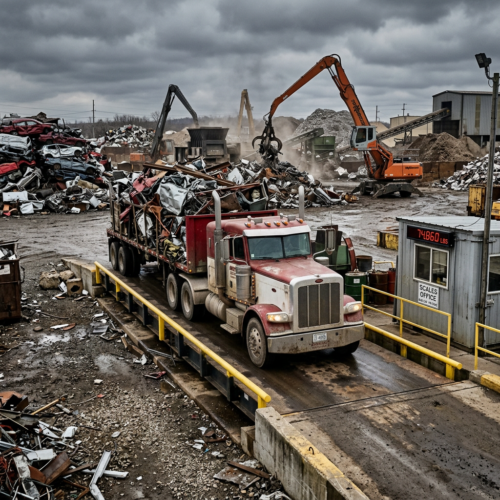 Truck scale at industrial scrap metal yard