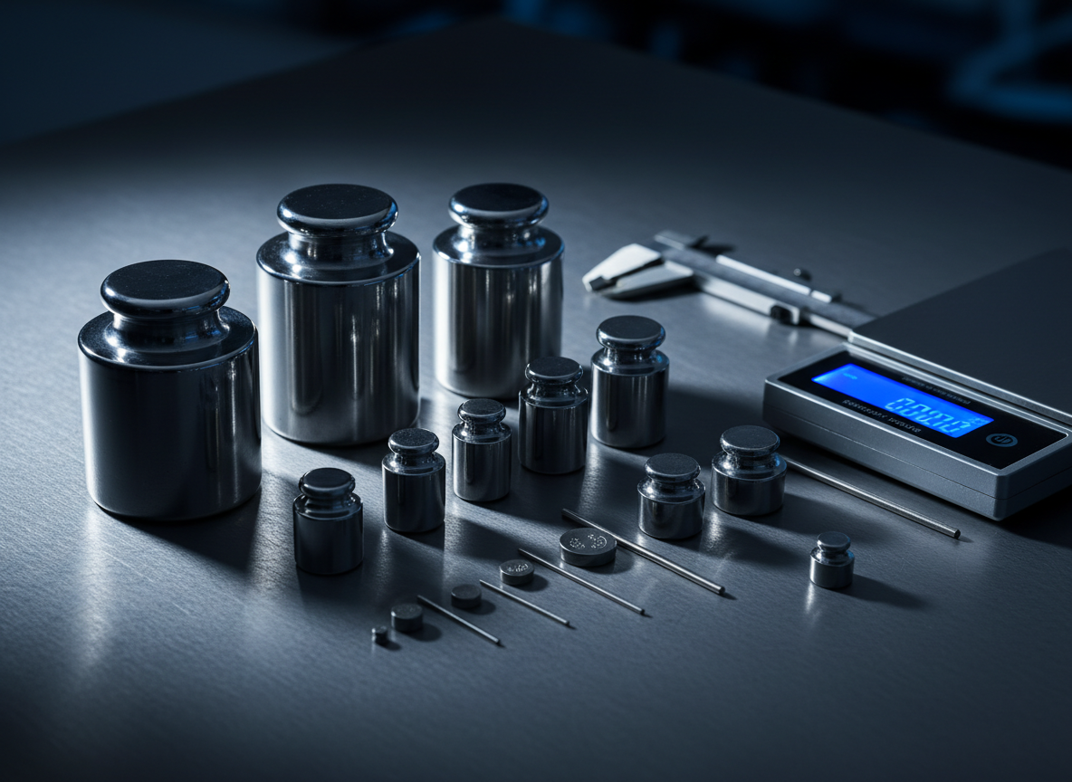 Precision calibration test weights on dark steel surface