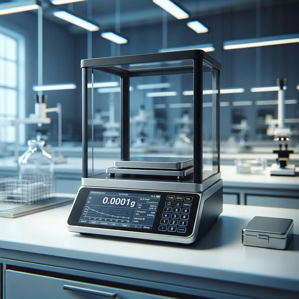 Precision analytical balance on laboratory bench