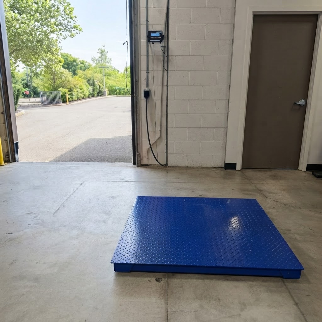 Blue diamond-plate floor scale installation