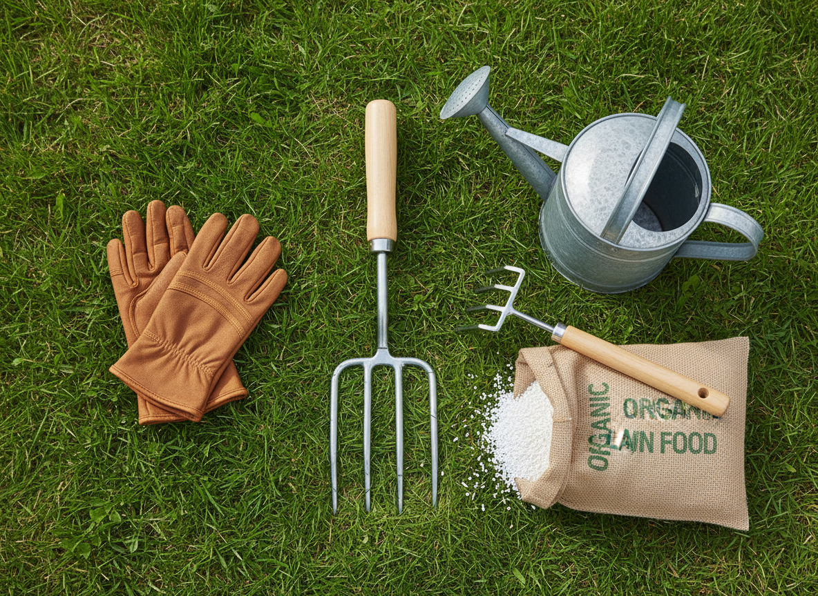 Garden aeration tools including hollow tine aerator, gloves, and fertilizer