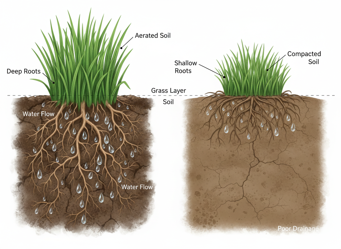 Diagram showing how aeration channels allow water and nutrients to reach grass roots in Muscat soil