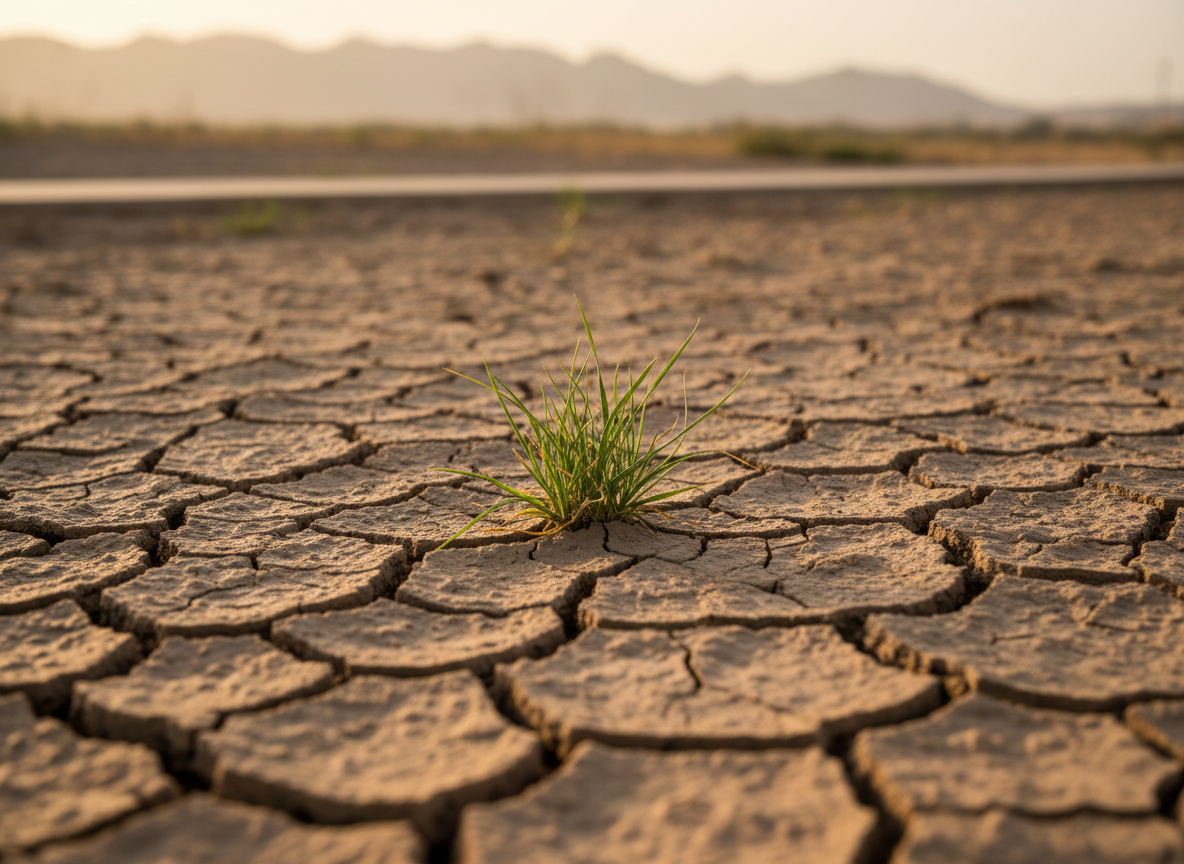 Dry compacted soil in a Muscat garden showing cracks and poor grass growth