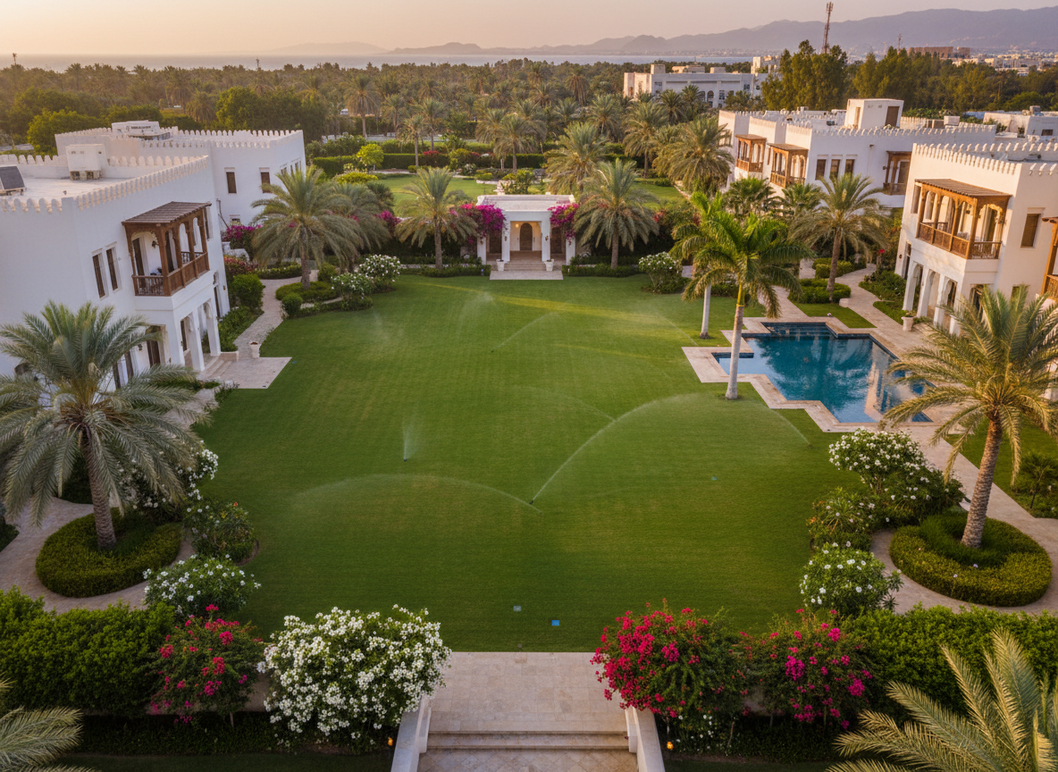 Lush green lawn in Muscat villa after professional aeration and maintenance