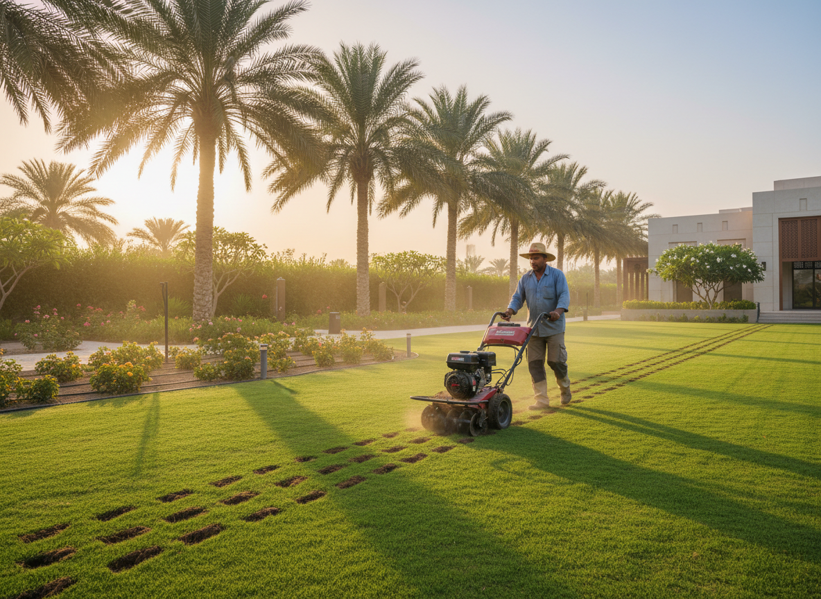 Professional gardener using core aerator machine on lawn in Muscat villa garden
