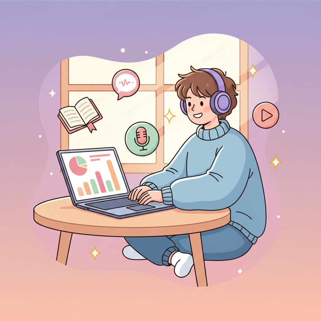 A learner at their desk surrounded by books, charts, and a microphone