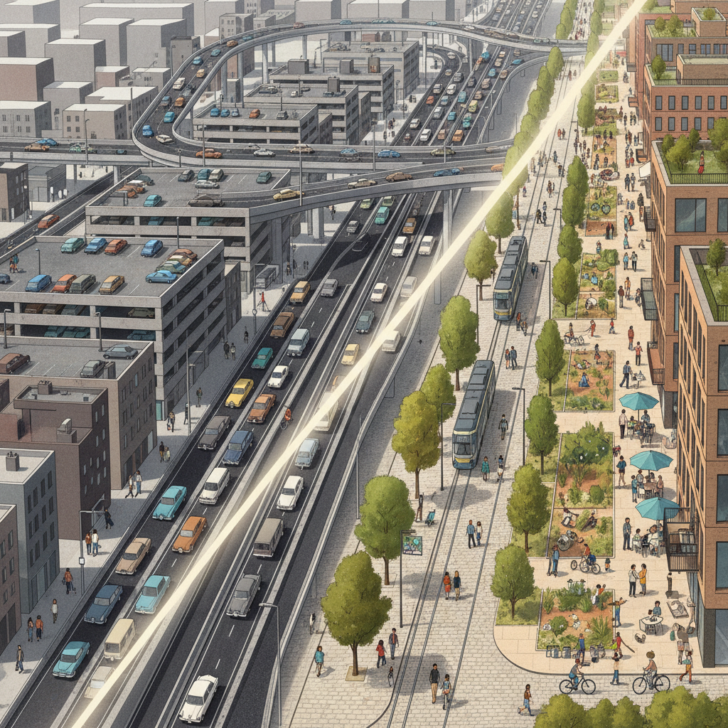 Illustration for "Designing Cities for People: The Shift from Cars to Communities"
