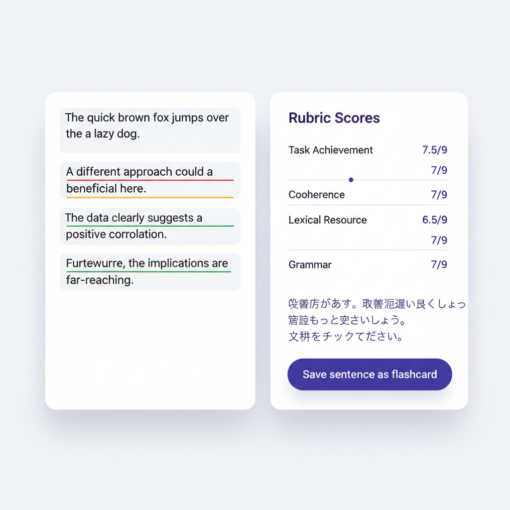 Writing correction interface with rubric scores and per-sentence feedback