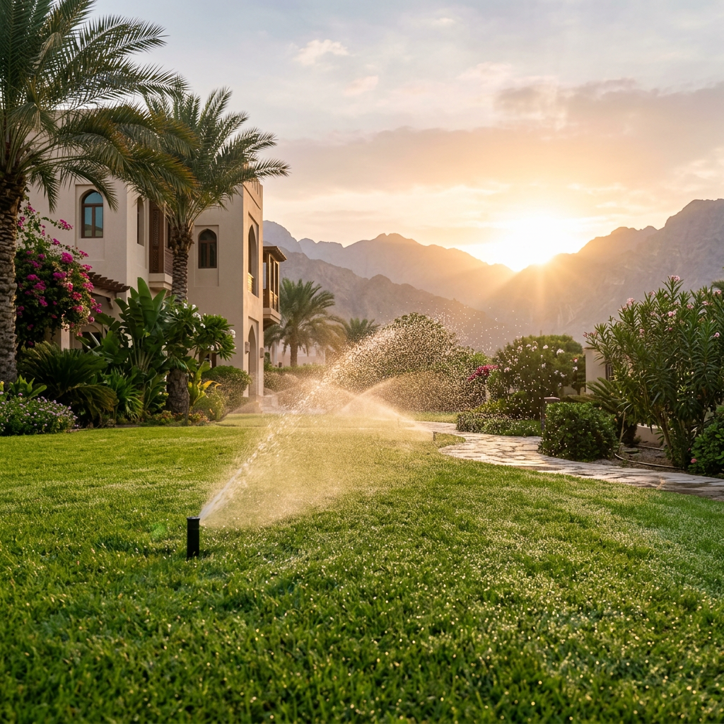 Morning lawn irrigation system in Muscat