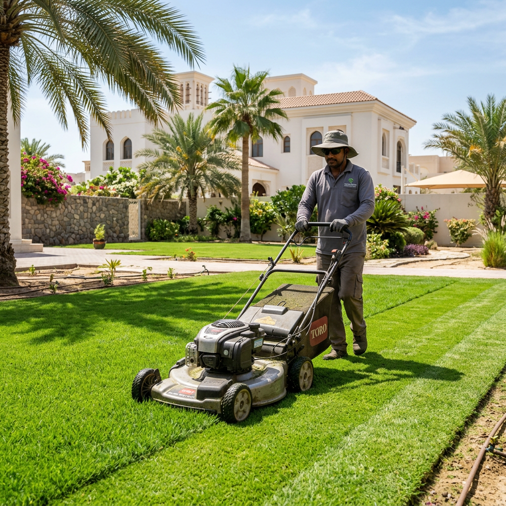Gardening professional mowing grass at the correct height for heat protection