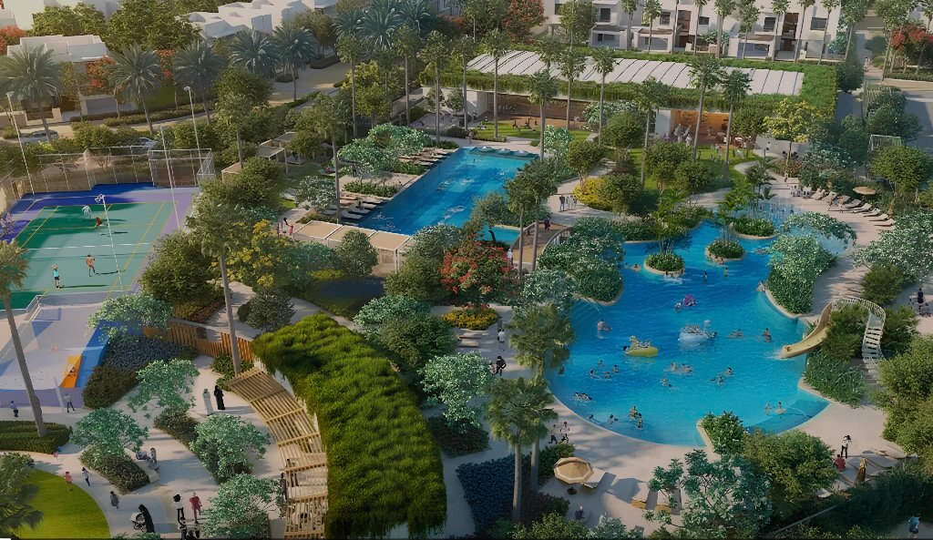 Rendering of the planned clubhouse pool and park at Riveria Garden @ Wawari