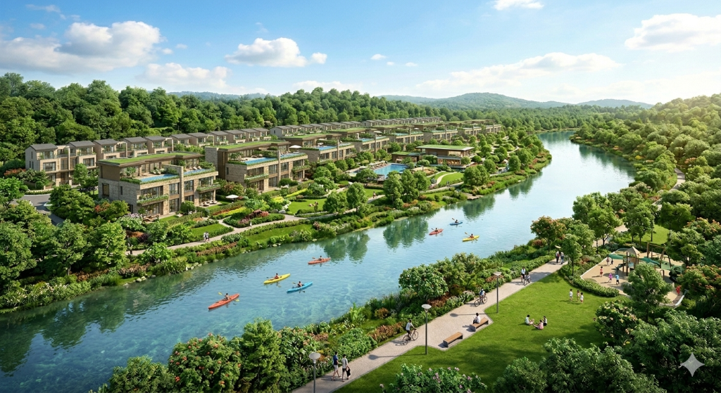 Rendering of the riverfront park beside the homes at Riveria Garden