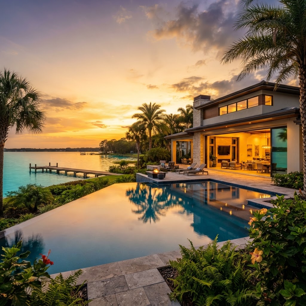 Premium Florida lakeside home at sunset with pool