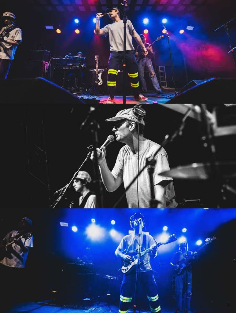 Three-panel concert collage — Mac DeMarco full band, black and white close-up, and blue-lit stage wide shot
