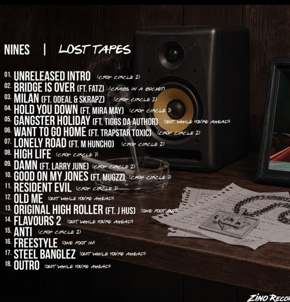 The official tracklist for Nines' Lost Tapes — 18 tracks spanning the Crop Circle, Crabs in a Bucket, Quit While You're Ahead, and One Foot Out eras.