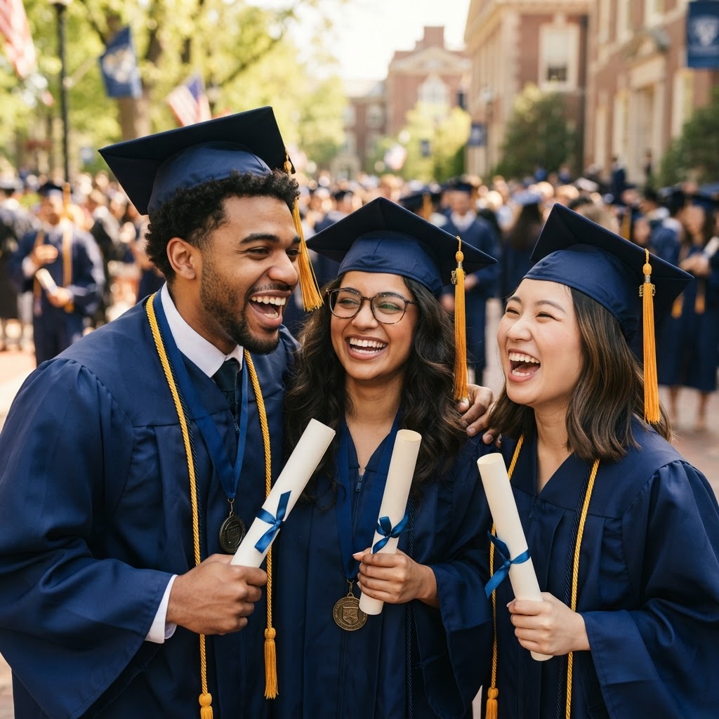Diverse graduates celebrating together