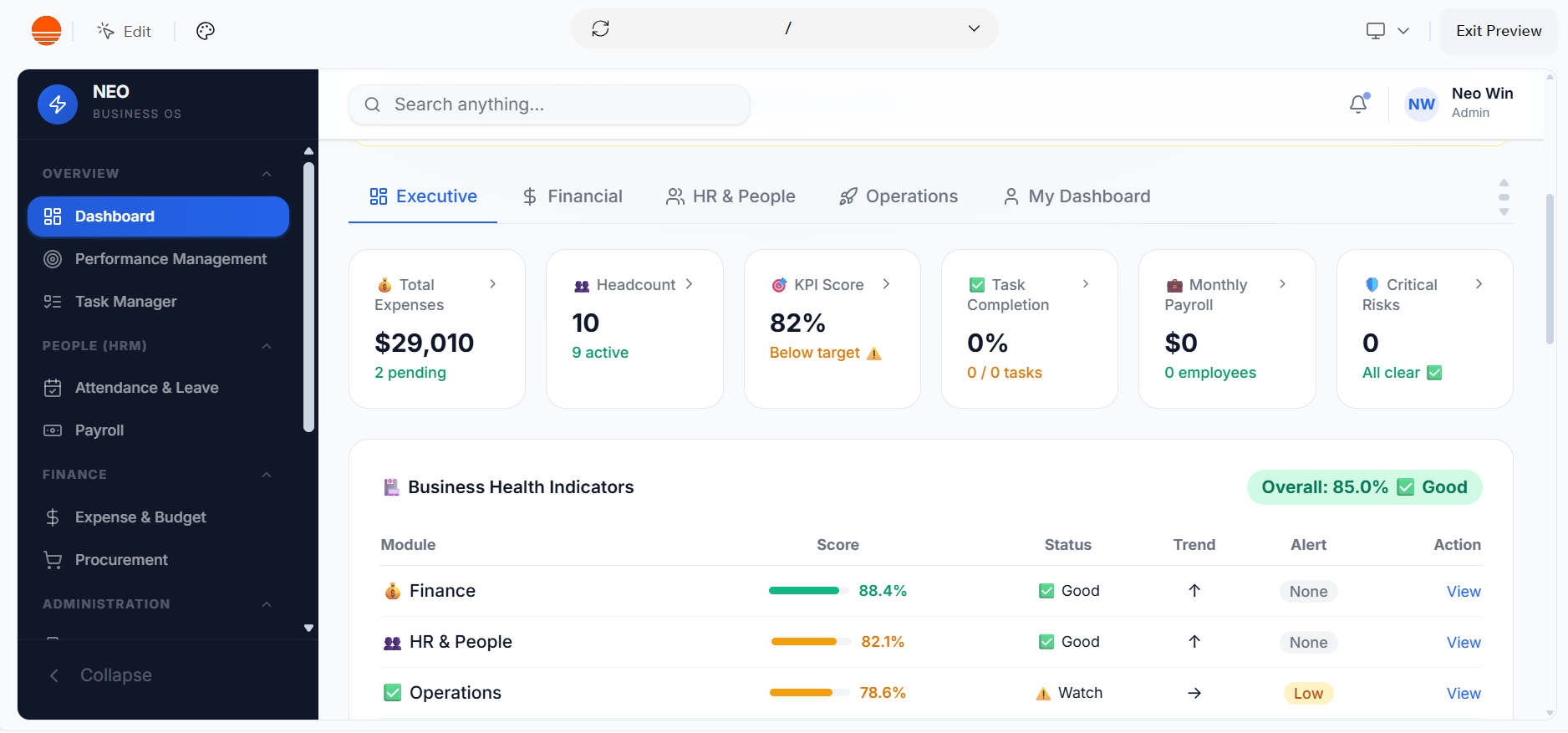 NEO Business Operation System template preview