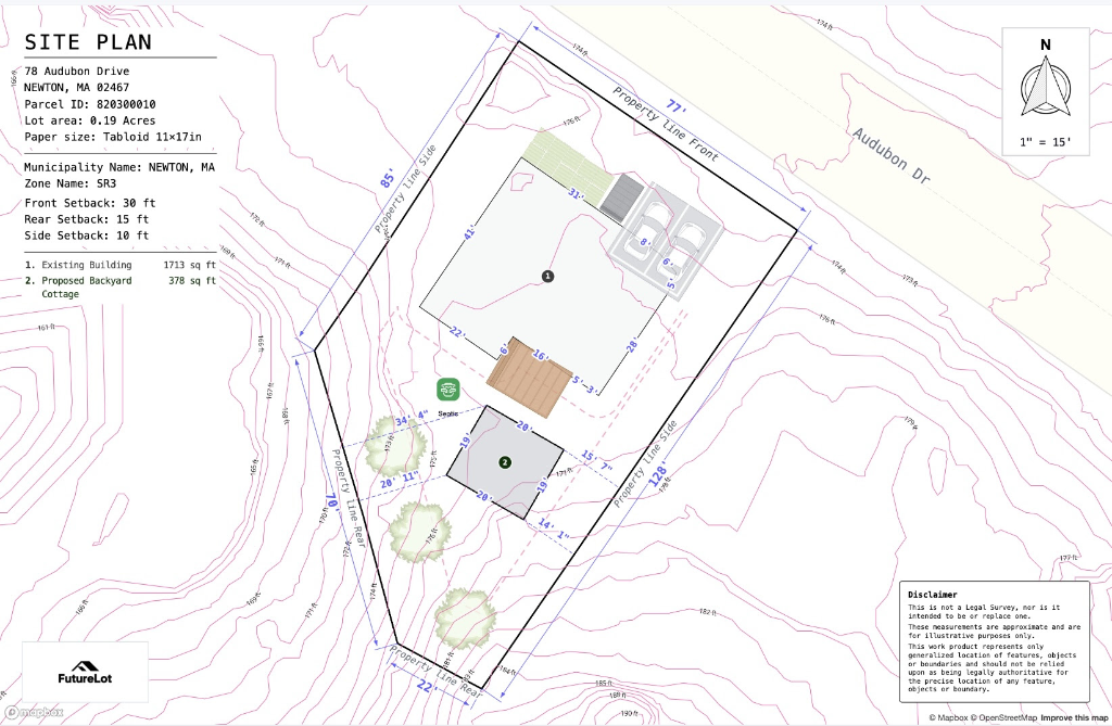 Example FutureLot site plan showing property lines, setbacks, an existing building and a proposed backyard cottage