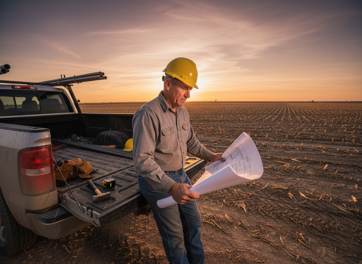 Jorge Rodriguez reviewing blueprints on a construction site