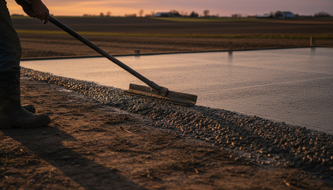 Freshly poured concrete being leveled at golden hour in Southwest Iowa