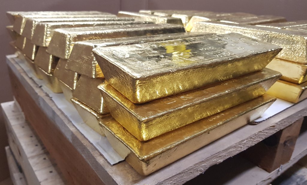 Stacked gold bullion bars after processing and refining