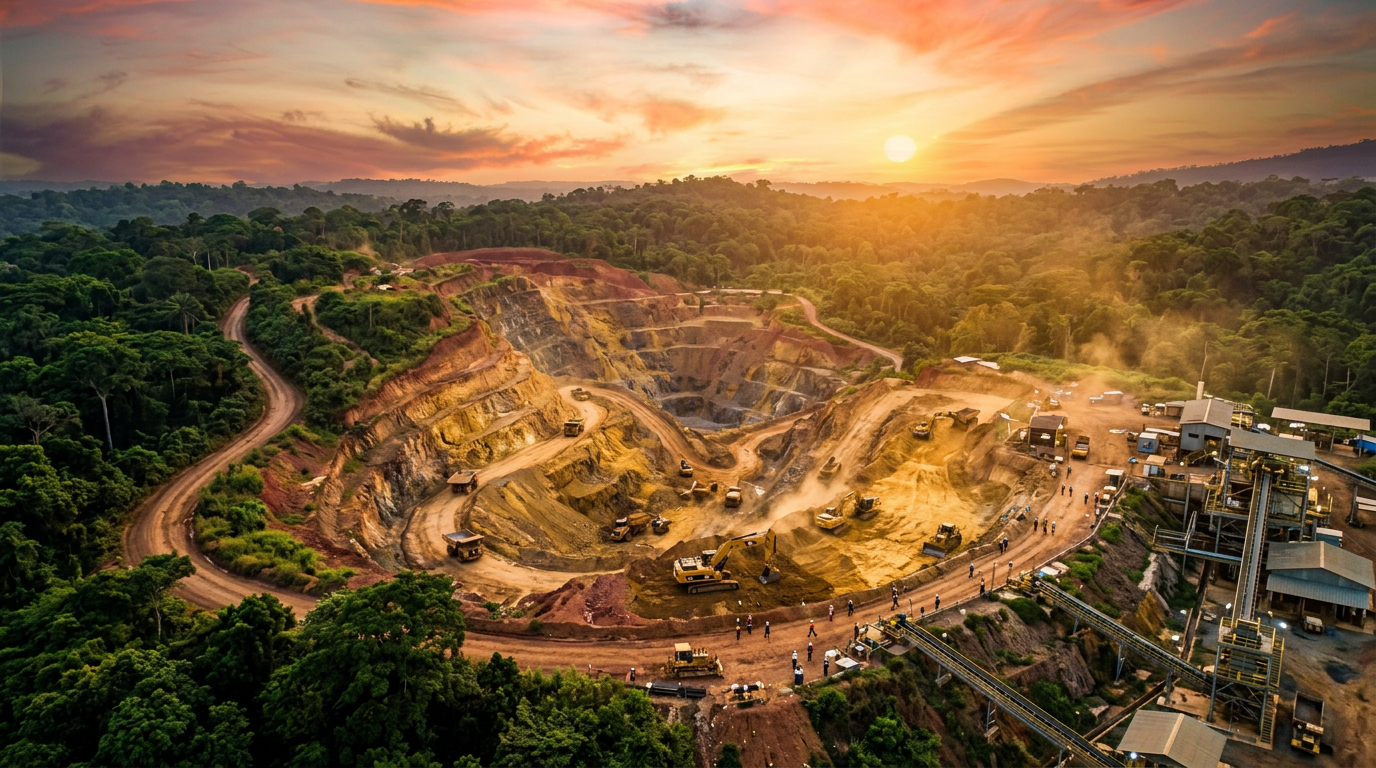 Aerial view of African gold mine with lush green landscape and golden earth