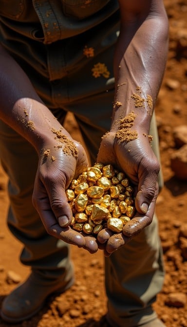 Raw gold nuggets held by a miner after recovery