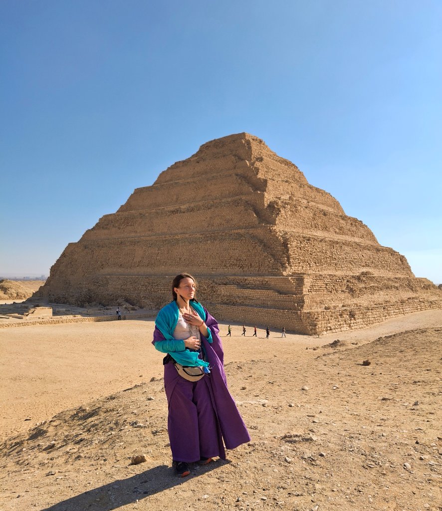 Rose Covenant standing before the Step Pyramid of Saqqara in Egypt