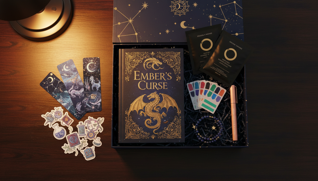 Curated book package flatlay with reading accessories