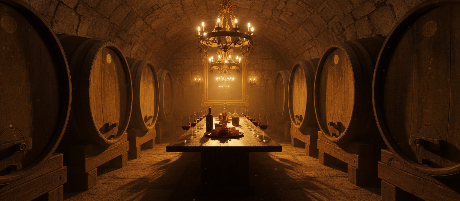 Wine cellar with golden lighting