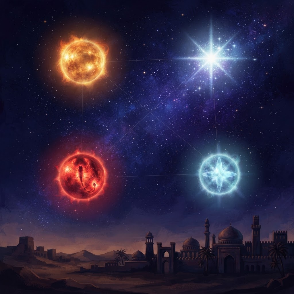 Nachthimmel über persischer Wüstenlandschaft mit vier hellen Königssternen in den vier Himmelsrichtungen: Aldebaran, Regulus, Antares und Fomalhaut